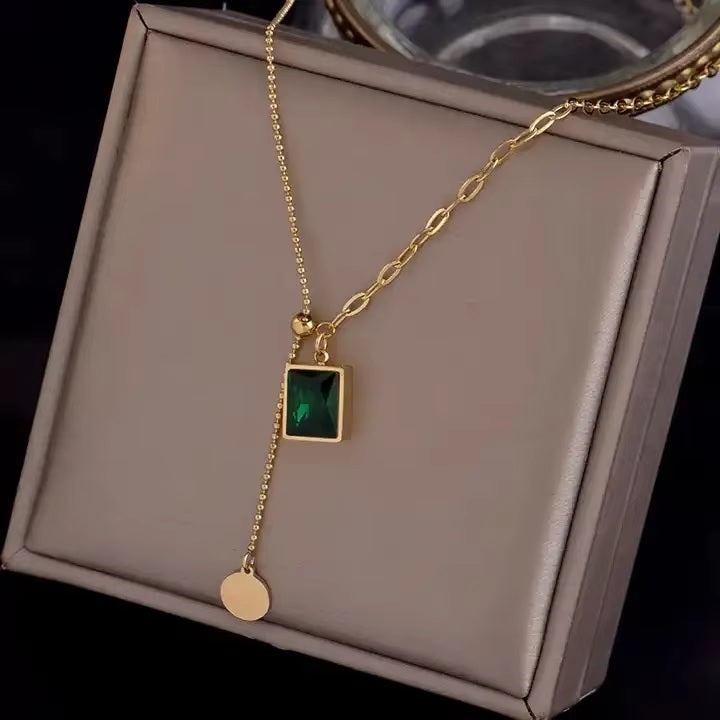 Mazia Fashion Luxury Green Zircon Pendant Necklace – Stainless Steel Bead Chain Jewelry for Women
