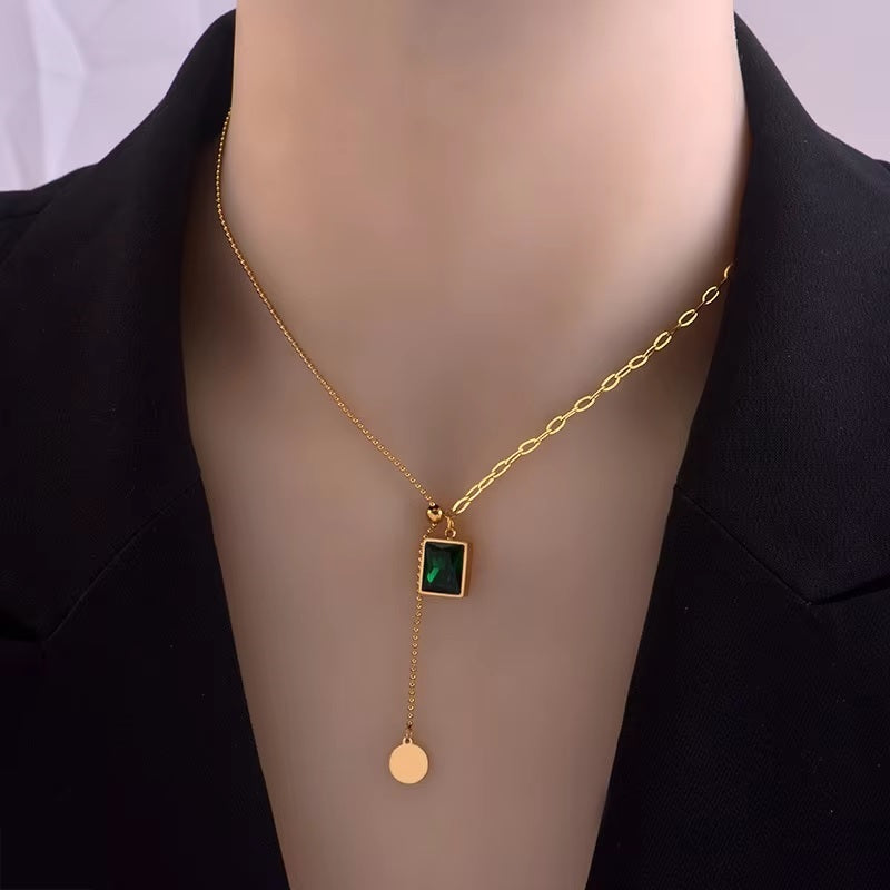 Mazia Fashion Luxury Green Zircon Pendant Necklace – Stainless Steel Bead Chain Jewelry for Women