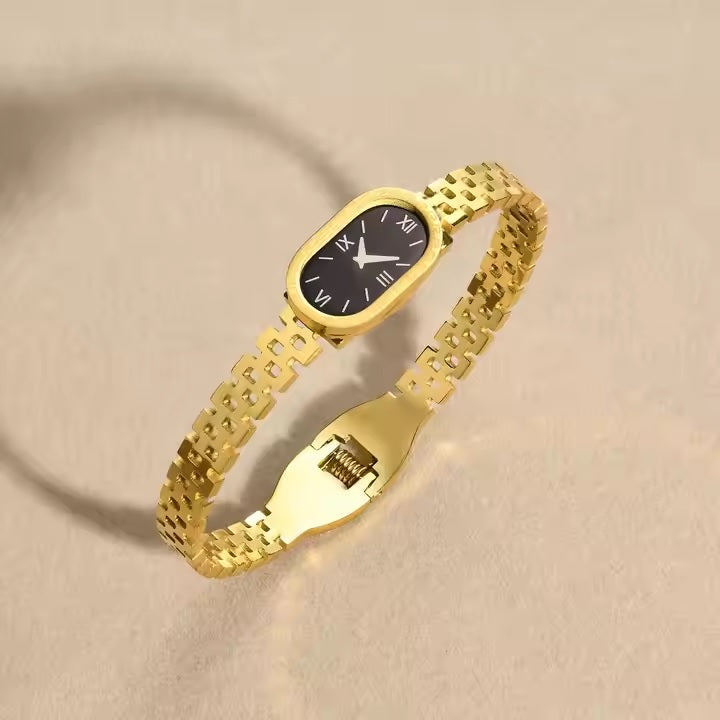 Elegant Gold Watch-Style Bangle Bracelet for Girls – Stainless Steel | Mazia Fashion