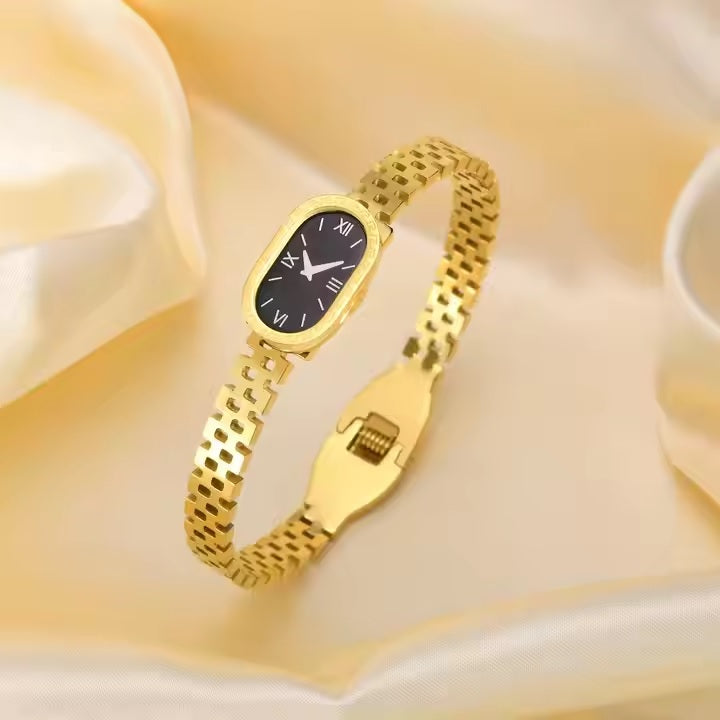 Elegant Gold Watch-Style Bangle Bracelet for Girls – Stainless Steel | Mazia Fashion