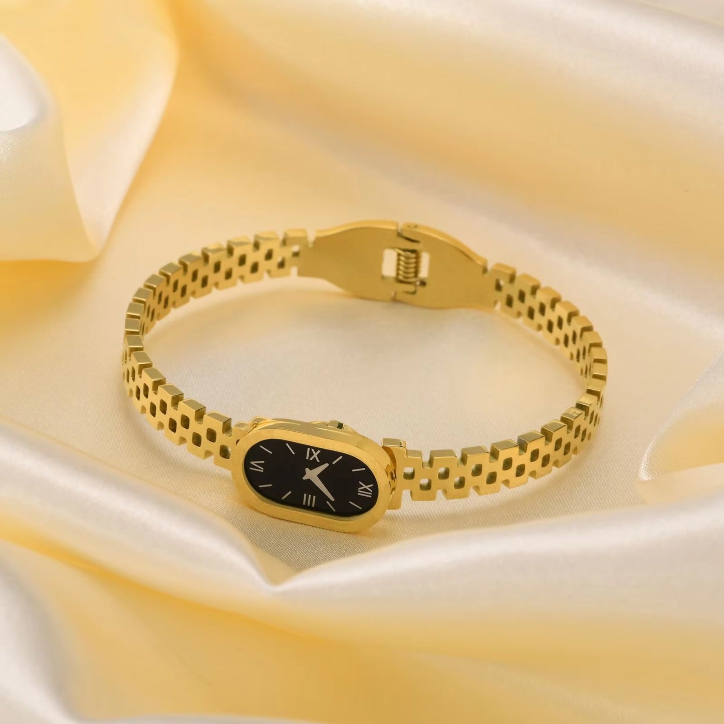 Elegant Gold Watch-Style Bangle Bracelet for Girls – Stainless Steel | Mazia Fashion